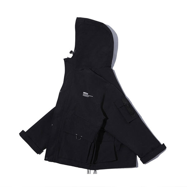 Letter Black Multi-pocket Men's Hip Hop Cargo Jackets Coats Streetwear Cardigan Zipper Casual Techwear Hooded Men Outerwear Top | Vimost Shop.