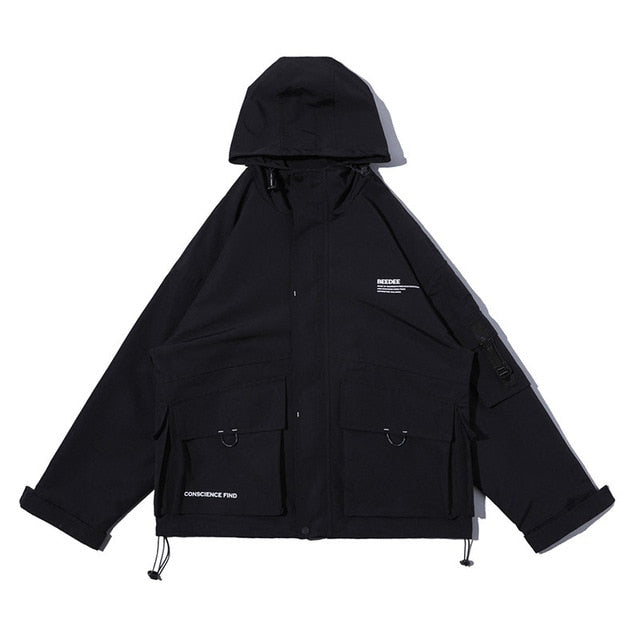 Letter Black Multi-pocket Men's Hip Hop Cargo Jackets Coats Streetwear Cardigan Zipper Casual Techwear Hooded Men Outerwear Top | Vimost Shop.