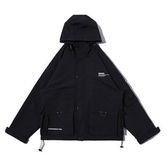 Letter Black Multi-pocket Men's Hip Hop Cargo Jackets Coats Streetwear Cardigan Zipper Casual Techwear Hooded Men Outerwear Top