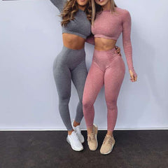 Lycra Seamless 2PCS Women Yoga Set Gym Clothing Fitness Leggings+Cropped Shirts Sport Suit Women Long Sleeve Tracksuit Active