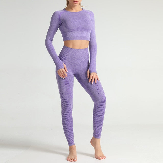 Lycra Seamless 2PCS Women Yoga Set Gym Clothing Fitness Leggings+Cropped Shirts Sport Suit Women Long Sleeve Tracksuit Active | Vimost Shop.