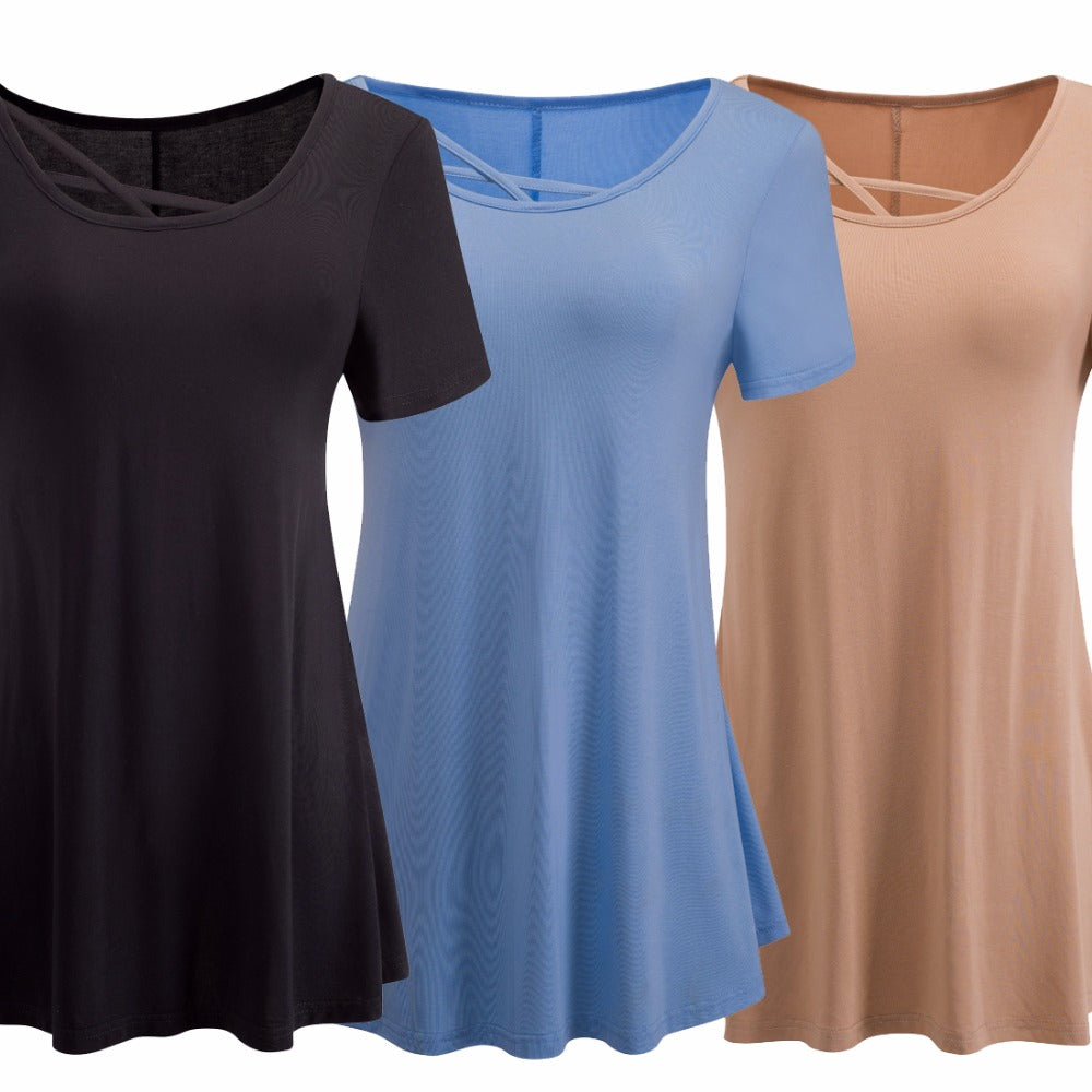 Nice-forever Summer Brief Casual T-shirts Women Short Sleeve Soft Hollow Out Crisscross O-Neck Loose Tees tops btyT012 | Vimost Shop.