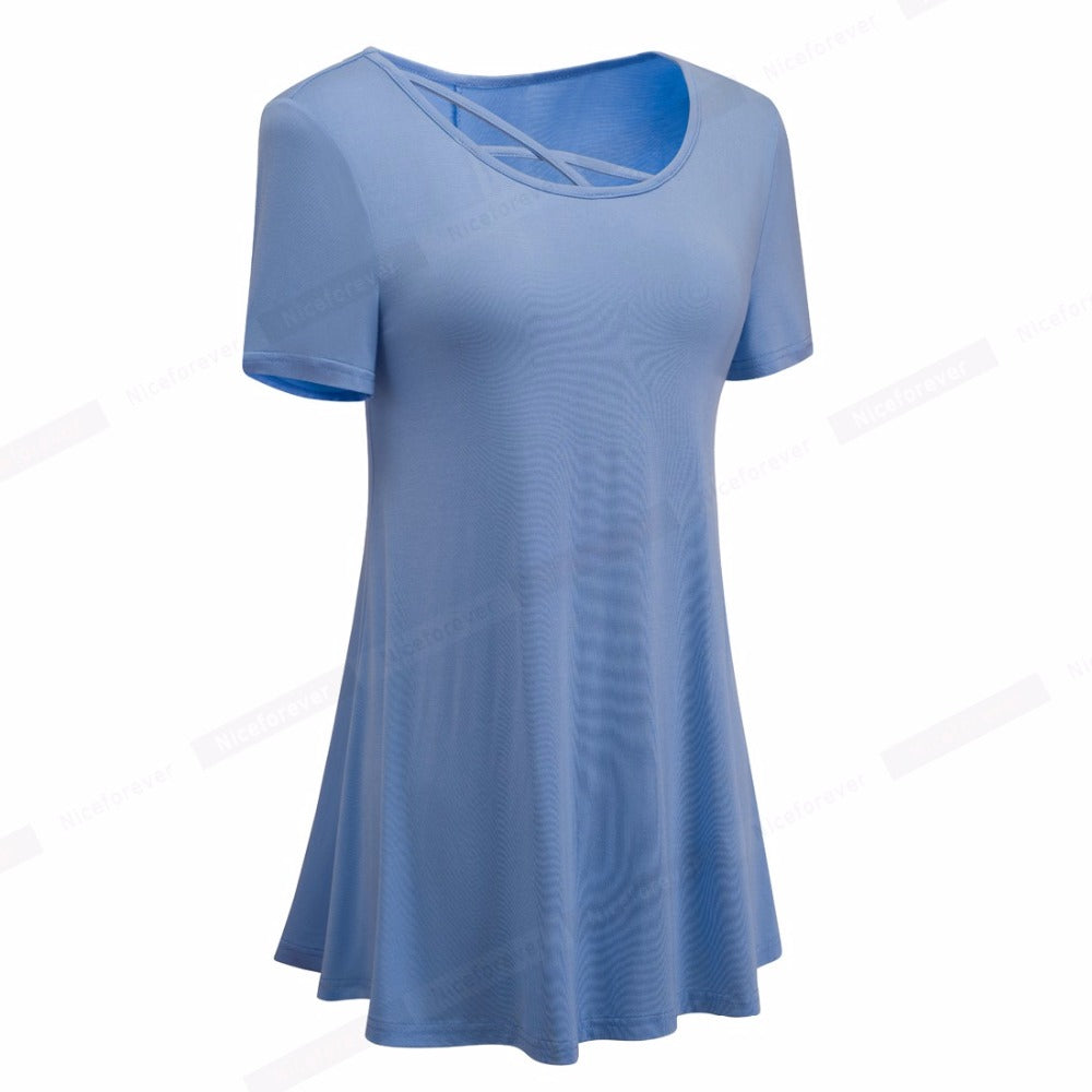 Nice-forever Summer Brief Casual T-shirts Women Short Sleeve Soft Hollow Out Crisscross O-Neck Loose Tees tops btyT012 | Vimost Shop.