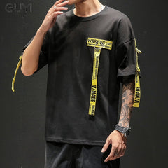 Tag T Shirt O-neck Off Tops Tees Male Boy White Casual Fashion Streetwear Gold Side Stripe Men Short Sleeve Black Patchwork