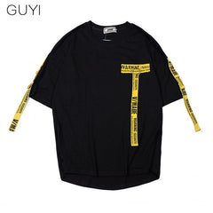 Tag T Shirt O-neck Off Tops Tees Male Boy White Casual Fashion Streetwear Gold Side Stripe Men Short Sleeve Black Patchwork