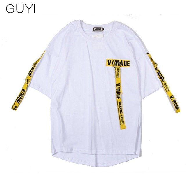Tag T Shirt O-neck Off Tops Tees Male Boy White Casual Fashion Streetwear Gold Side Stripe Men Short Sleeve Black Patchwork | Vimost Shop.