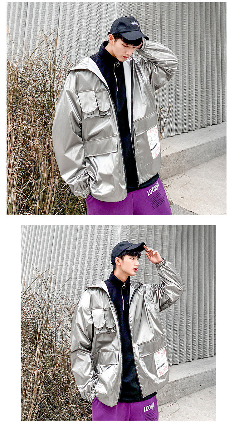 New Spring men Bright Leather Jacket Hooded Multi-pocket Fashion Design Men's Jackets and Coats Clothes Big Size 4XL 5XL | Vimost Shop.