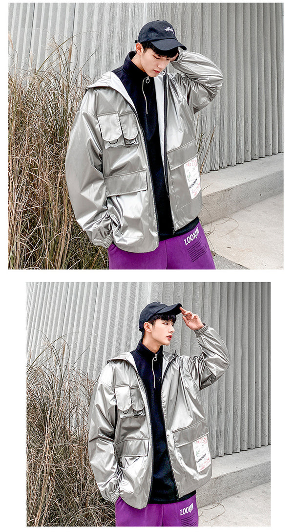 New Spring men Bright Leather Jacket Hooded Multi-pocket Fashion Design Men's Jackets and Coats Clothes Big Size 4XL 5XL | Vimost Shop.