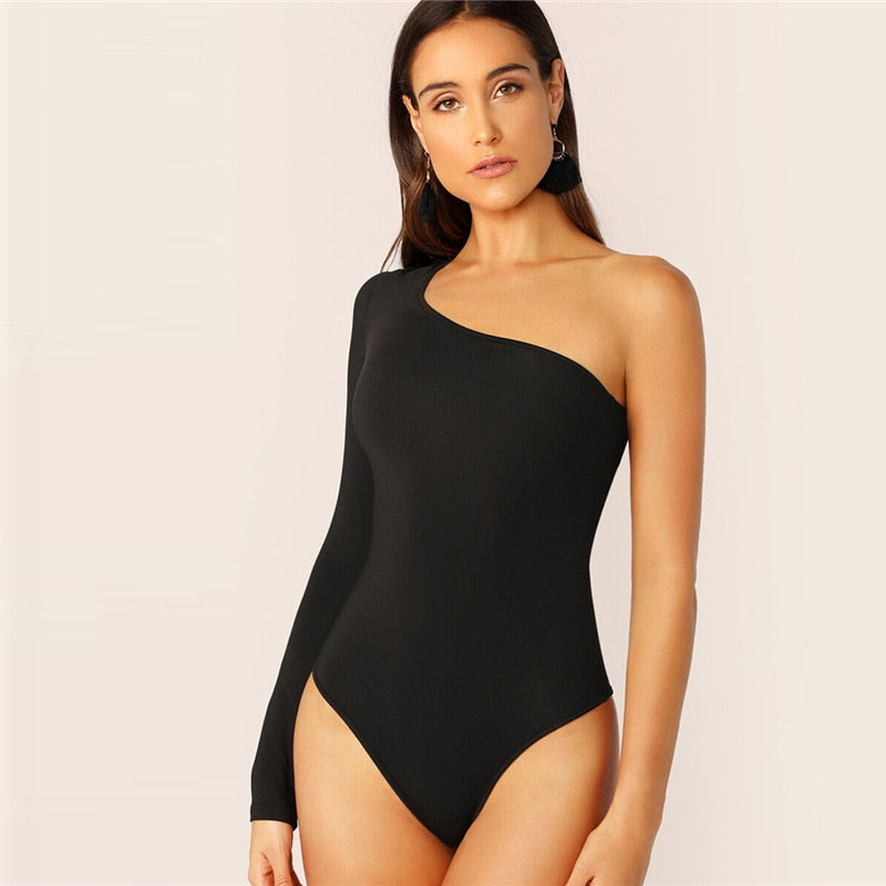 One Shoulder Form Fitting Bodysuit Stretchy Sexy Solid Long Sleeve Basics Bodysuits | Vimost Shop.