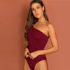 One Shoulder Form Fitting Bodysuit Stretchy Sexy Solid Long Sleeve Basics Bodysuits | Vimost Shop.