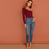 One Shoulder Form Fitting Bodysuit Stretchy Sexy Solid Long Sleeve Basics Bodysuits | Vimost Shop.