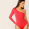 One Shoulder Form Fitting Bodysuit Stretchy Sexy Solid Long Sleeve Basics Bodysuits | Vimost Shop.