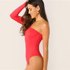 One Shoulder Form Fitting Bodysuit Stretchy Sexy Solid Long Sleeve Basics Bodysuits | Vimost Shop.