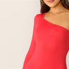 One Shoulder Form Fitting Bodysuit Stretchy Sexy Solid Long Sleeve Basics Bodysuits | Vimost Shop.