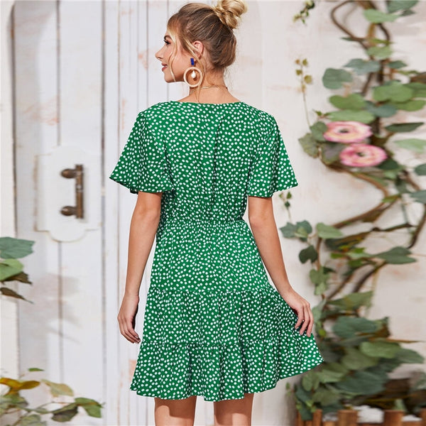 Green Ditsy Floral Surplice Front Ruffle Hem Dress Women V Neck Short Sleeve Summer Boho High Waist Short A Line Dresses | Vimost Shop.