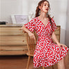 Green Ditsy Floral Surplice Front Ruffle Hem Dress Women V Neck Short Sleeve Summer Boho High Waist Short A Line Dresses | Vimost Shop.