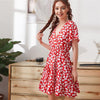 Green Ditsy Floral Surplice Front Ruffle Hem Dress Women V Neck Short Sleeve Summer Boho High Waist Short A Line Dresses | Vimost Shop.