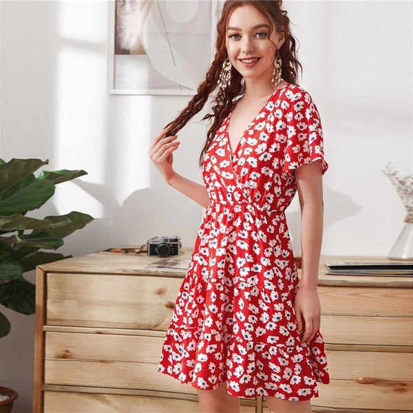Green Ditsy Floral Surplice Front Ruffle Hem Dress Women V Neck Short Sleeve Summer Boho High Waist Short A Line Dresses | Vimost Shop.