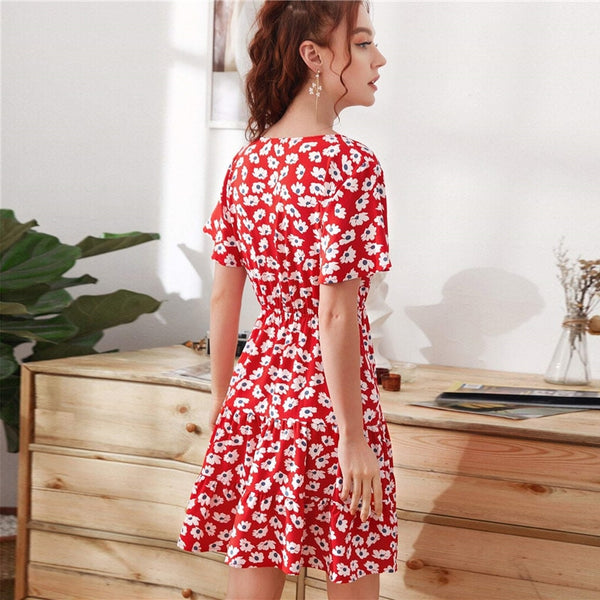 Green Ditsy Floral Surplice Front Ruffle Hem Dress Women V Neck Short Sleeve Summer Boho High Waist Short A Line Dresses | Vimost Shop.