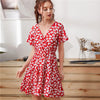 Green Ditsy Floral Surplice Front Ruffle Hem Dress Women V Neck Short Sleeve Summer Boho High Waist Short A Line Dresses | Vimost Shop.