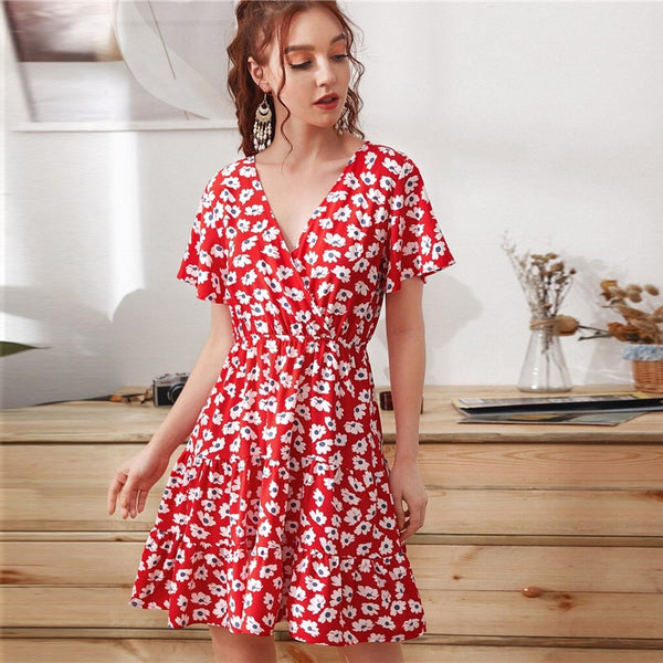 Green Ditsy Floral Surplice Front Ruffle Hem Dress Women V Neck Short Sleeve Summer Boho High Waist Short A Line Dresses | Vimost Shop.