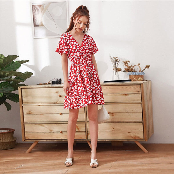 Green Ditsy Floral Surplice Front Ruffle Hem Dress Women V Neck Short Sleeve Summer Boho High Waist Short A Line Dresses | Vimost Shop.