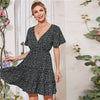 Green Ditsy Floral Surplice Front Ruffle Hem Dress Women V Neck Short Sleeve Summer Boho High Waist Short A Line Dresses | Vimost Shop.