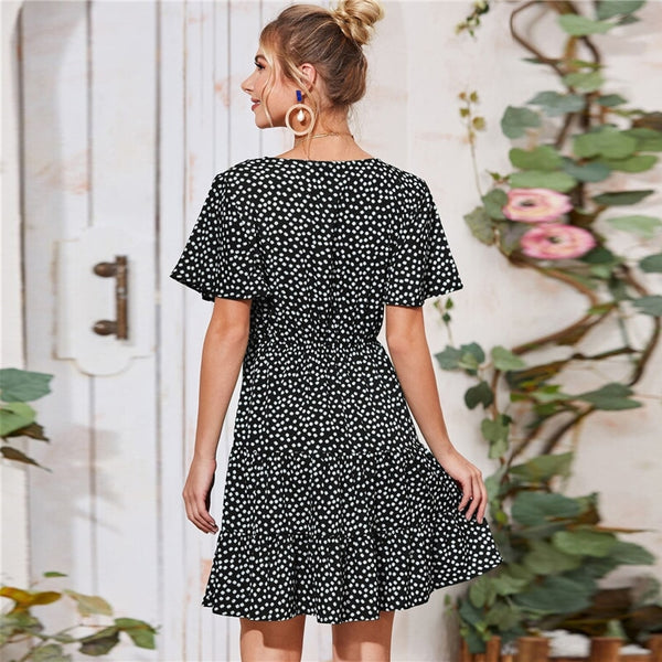 Green Ditsy Floral Surplice Front Ruffle Hem Dress Women V Neck Short Sleeve Summer Boho High Waist Short A Line Dresses | Vimost Shop.