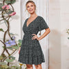 Green Ditsy Floral Surplice Front Ruffle Hem Dress Women V Neck Short Sleeve Summer Boho High Waist Short A Line Dresses | Vimost Shop.