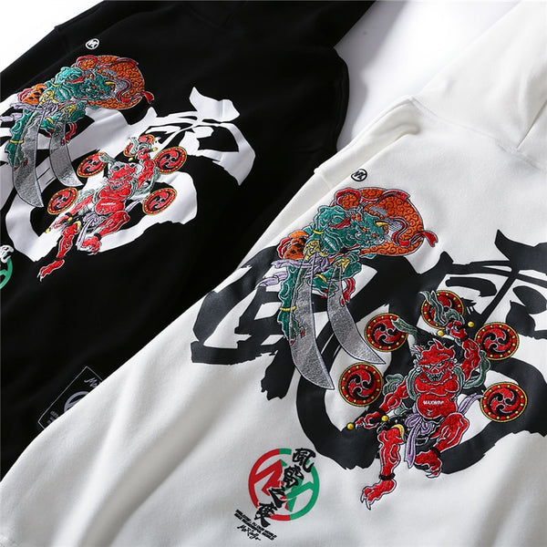Embroidery Japanese Wind Thunder Devil Hoodie Streetwear Harajuku Hip Hop Chinese Style Hooded Sweatshirts Men Oversize | Vimost Shop.