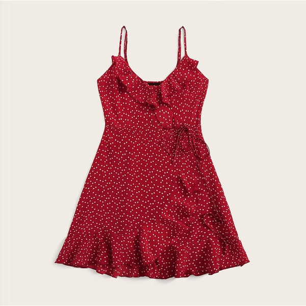 Ruffle Detail Self Tie Wrap Slip Mini Dress Women Boho Sleeveless V Neck Summer Dress Ladies Slim Beach Dress | Vimost Shop.