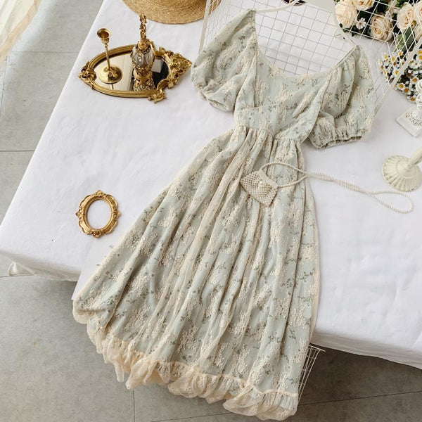 High Waist Casual Party Dress Summer Fashion O Neck Short Puff Sleeve Foamlina Women Vintage Style Floral Lace Dress | Vimost Shop.