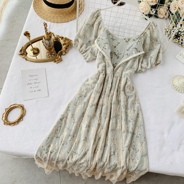 High Waist Casual Party Dress Summer Fashion O Neck Short Puff Sleeve Foamlina Women Vintage Style Floral Lace Dress | Vimost Shop.