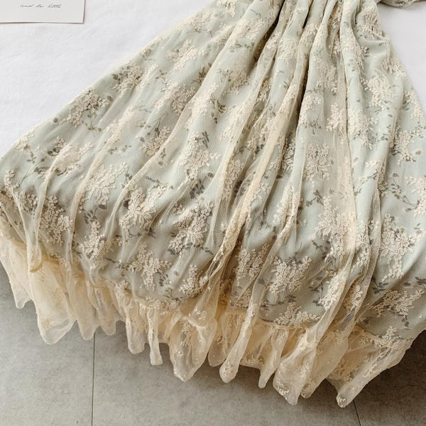 High Waist Casual Party Dress Summer Fashion O Neck Short Puff Sleeve Foamlina Women Vintage Style Floral Lace Dress | Vimost Shop.