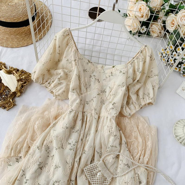 High Waist Casual Party Dress Summer Fashion O Neck Short Puff Sleeve Foamlina Women Vintage Style Floral Lace Dress | Vimost Shop.