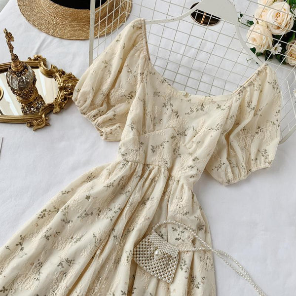 High Waist Casual Party Dress Summer Fashion O Neck Short Puff Sleeve Foamlina Women Vintage Style Floral Lace Dress | Vimost Shop.