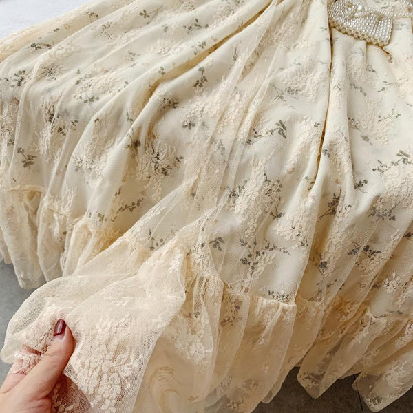 High Waist Casual Party Dress Summer Fashion O Neck Short Puff Sleeve Foamlina Women Vintage Style Floral Lace Dress | Vimost Shop.