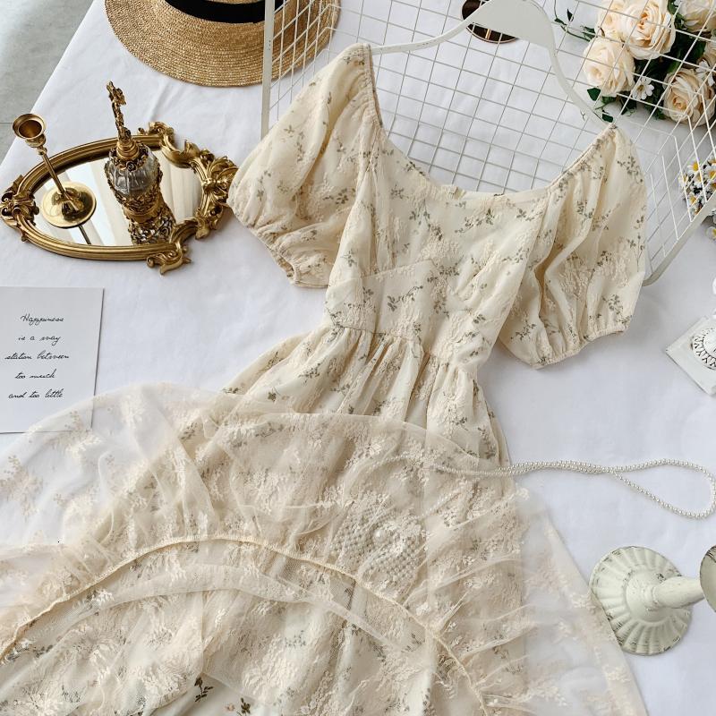 High Waist Casual Party Dress Summer Fashion O Neck Short Puff Sleeve Foamlina Women Vintage Style Floral Lace Dress | Vimost Shop.
