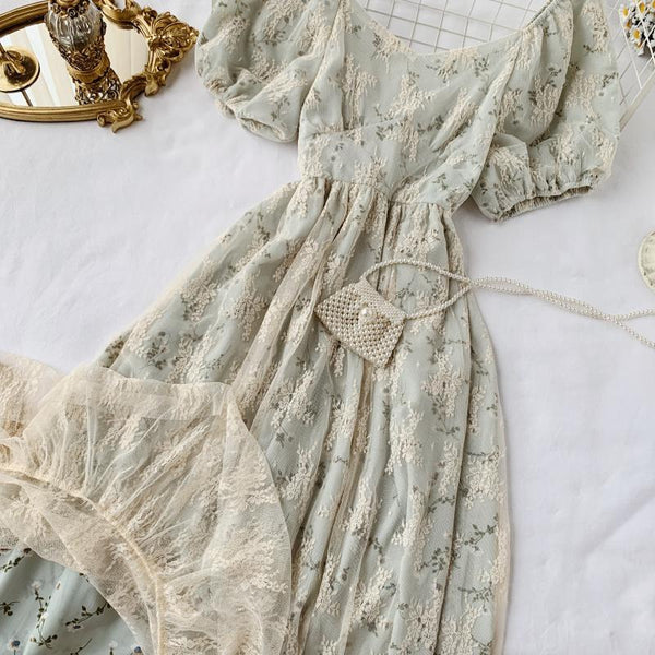 High Waist Casual Party Dress Summer Fashion O Neck Short Puff Sleeve Foamlina Women Vintage Style Floral Lace Dress | Vimost Shop.