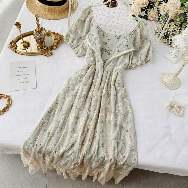 High Waist Casual Party Dress Summer Fashion O Neck Short Puff Sleeve Foamlina Women Vintage Style Floral Lace Dress | Vimost Shop.