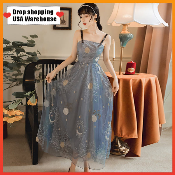Star moon Embroidery spaghetti strap Haze blue mesh yarn Backless dress French retro long strap dress women | Vimost Shop.