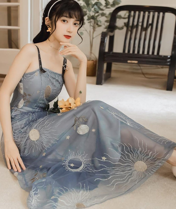 Star moon Embroidery spaghetti strap Haze blue mesh yarn Backless dress French retro long strap dress women | Vimost Shop.