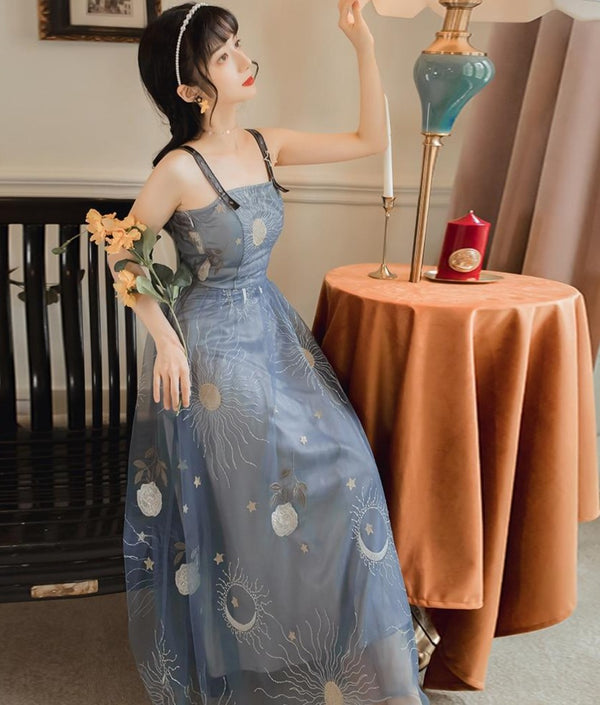 Star moon Embroidery spaghetti strap Haze blue mesh yarn Backless dress French retro long strap dress women | Vimost Shop.