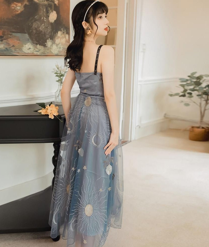Star moon Embroidery spaghetti strap Haze blue mesh yarn Backless dress French retro long strap dress women | Vimost Shop.
