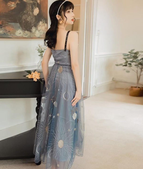 Star moon Embroidery spaghetti strap Haze blue mesh yarn Backless dress French retro long strap dress women | Vimost Shop.