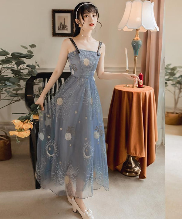 Star moon Embroidery spaghetti strap Haze blue mesh yarn Backless dress French retro long strap dress women | Vimost Shop.