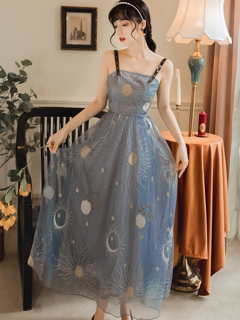 Star moon Embroidery spaghetti strap Haze blue mesh yarn Backless dress French retro long strap dress women | Vimost Shop.