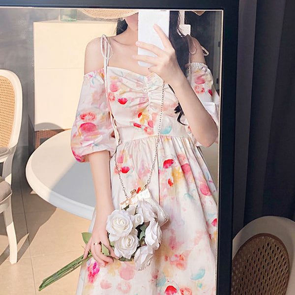 Puff Sleeve Ruffles Ruched  French Retro Campanulaceae Smoky DRESS Square Collar  Waist Slim Temperament Dress | Vimost Shop.