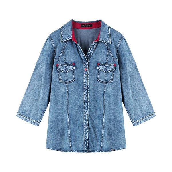 Women's Plus Size Denim Tops Shirt Spring Slim Fit Shirt Casual Shirt Woven Denim Three QuarterSleeve