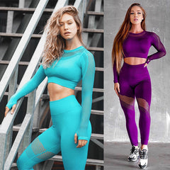 Women Yoga Set Long Sleeve Hollow Seamless Mesh Stretch